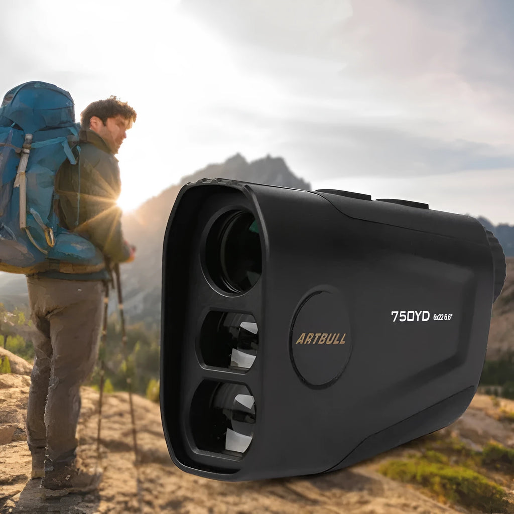 Golf laser rangefinder with LCD display showing distance measurement and slope compensation indicator