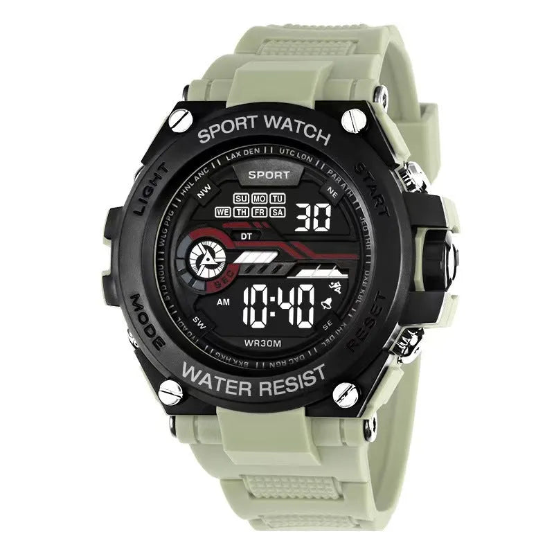 Digital electronic watch with a silicone strap shown in multiple colour options for teenagers and students.