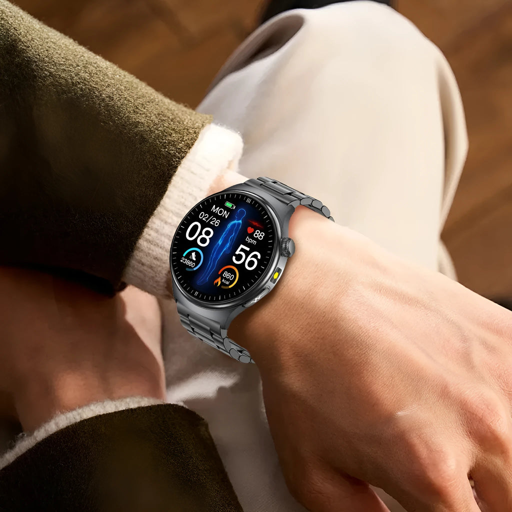 TK27 Bluetooth smart bracelet with black strap and 1.43 inch screen displaying health metrics, IP68 waterproof alloy metal shell