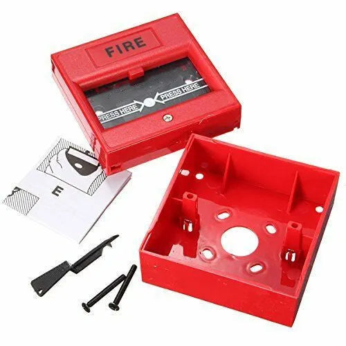 Red wired security button hand breaking glass emergency fire alarm with fireproof material