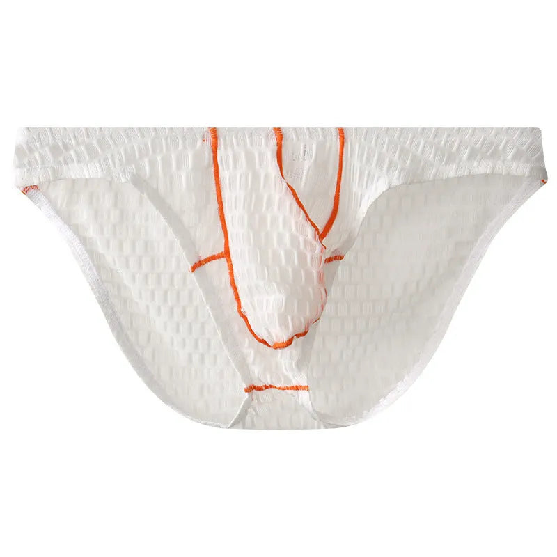 Men's ice silk lace briefs with low waist design in white, black, green, rose red, and light purple colours