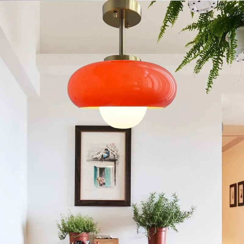Bauhaus retro style glass pendant ceiling light with three egg tart shaped shades in milk white finish.