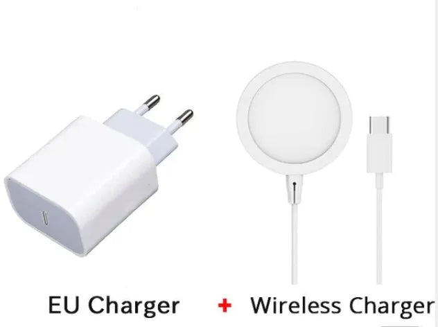 Silver metal Magsafe magnetic wireless charger for Apple iPhone on a desk.