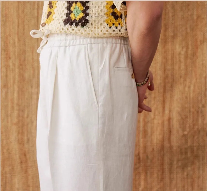 Linen high waist trousers with elasticated waistband and lace detail in navy blue, white, or greige colours
