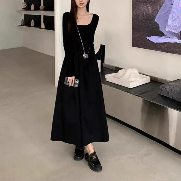 Women's black knitted square collar dress with elastic waist and A-line long skirt