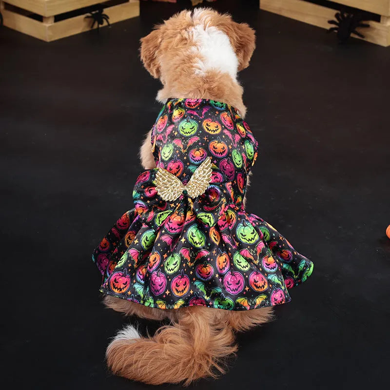 Dog wearing angel wings Halloween costume in bright pumpkin colour with wing attachments