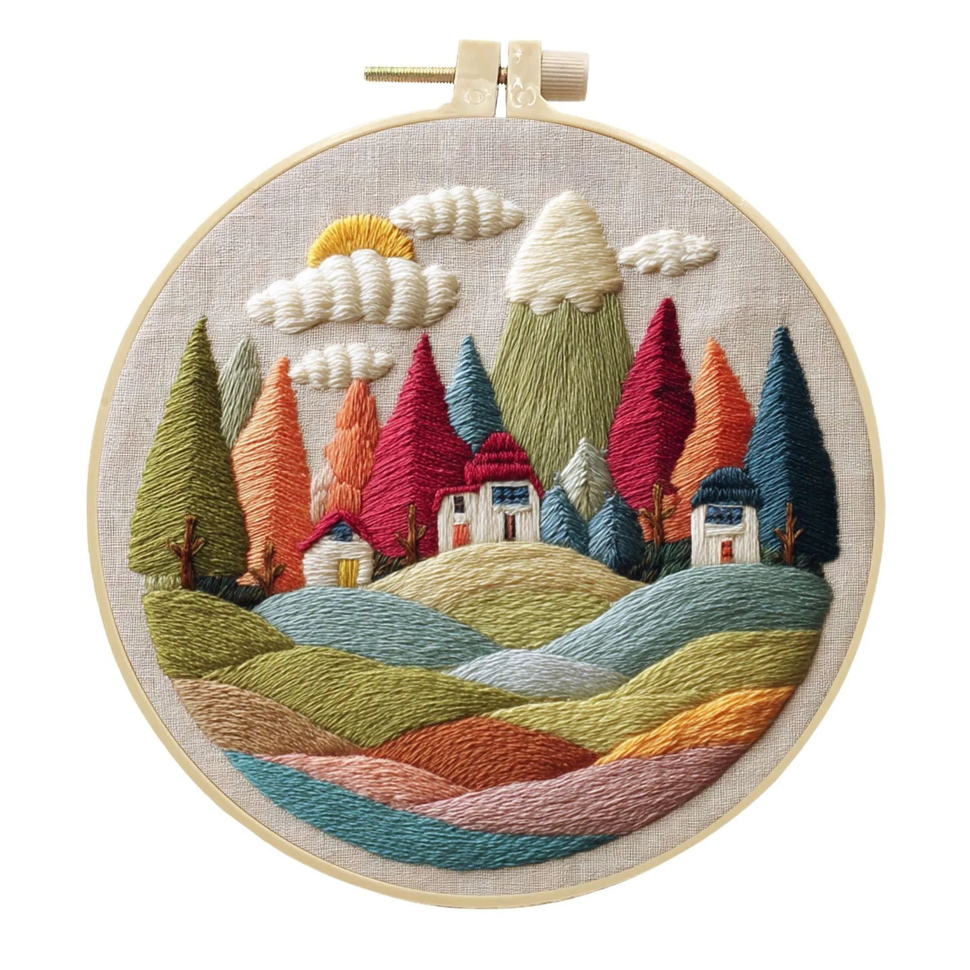 Embroidery DIY kit with landscape-printed cotton fabric, thread, needles, and a 15cm bamboo-style frame.
