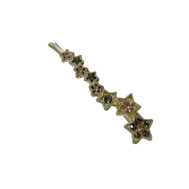 Gold electroplated alloy rhinestone barrettes with side clip bangs design and five-pointed star charms