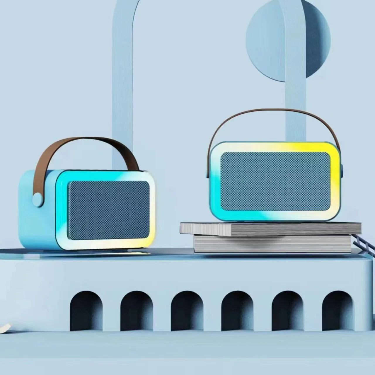 Portable white Bluetooth speaker with microphone and coloured LED lights for karaoke and outdoor use.
