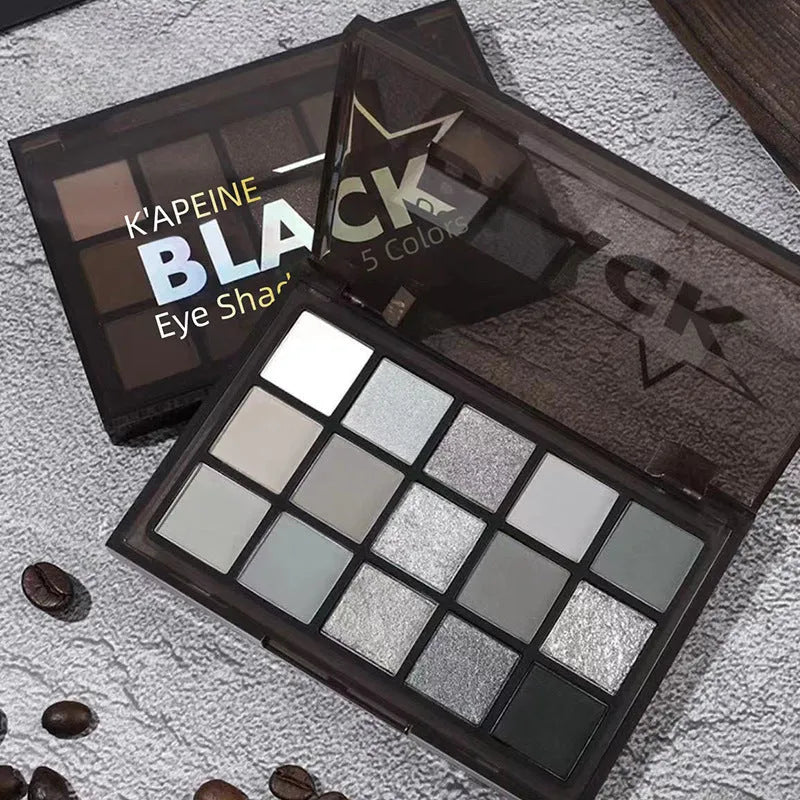 15 colour eyeshadow palette with matte and shimmer shades including cos grey, black, brown and blue tones