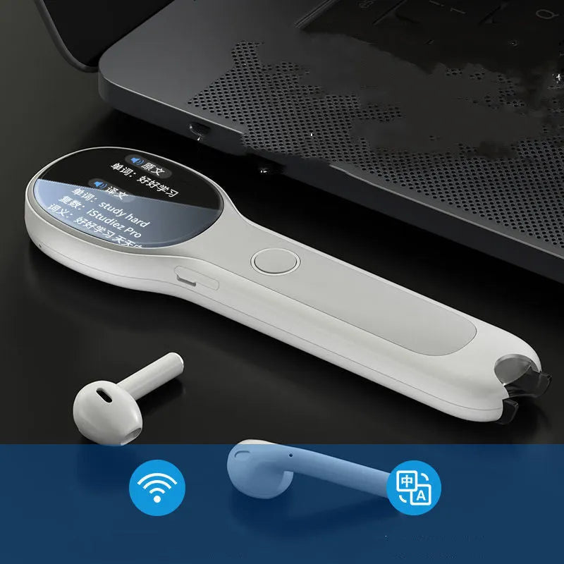 White Universal Reading Pen for English learning and Chinese translation on a book