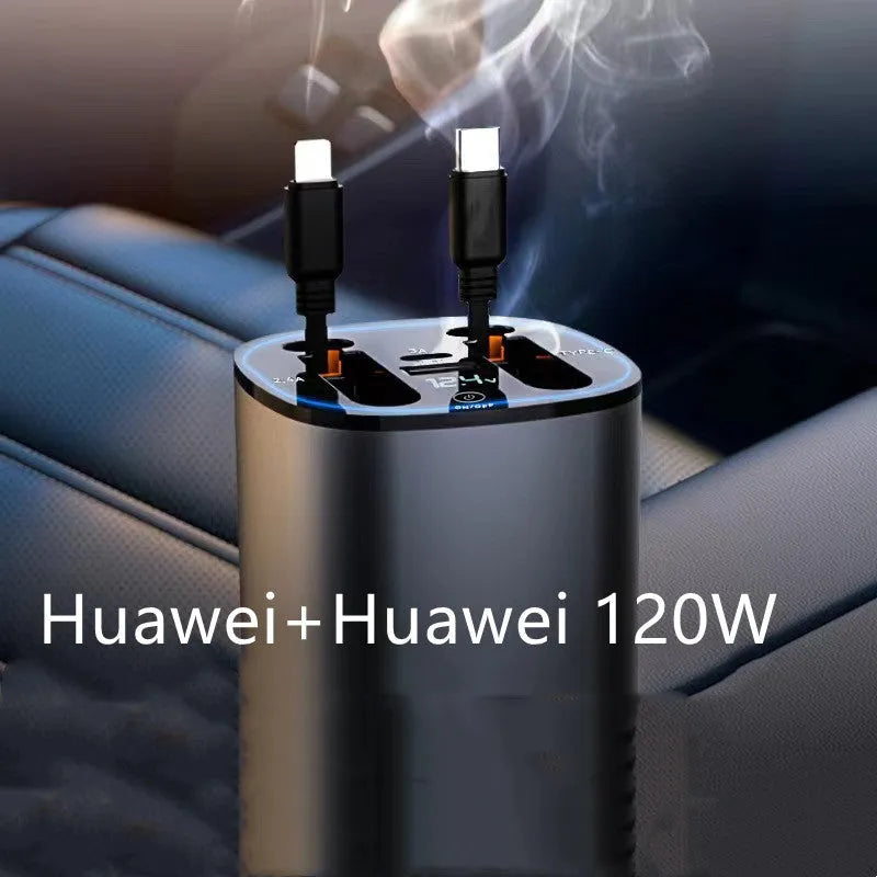 Retractable car cigarette lighter charger with multiple USB ports for charging devices