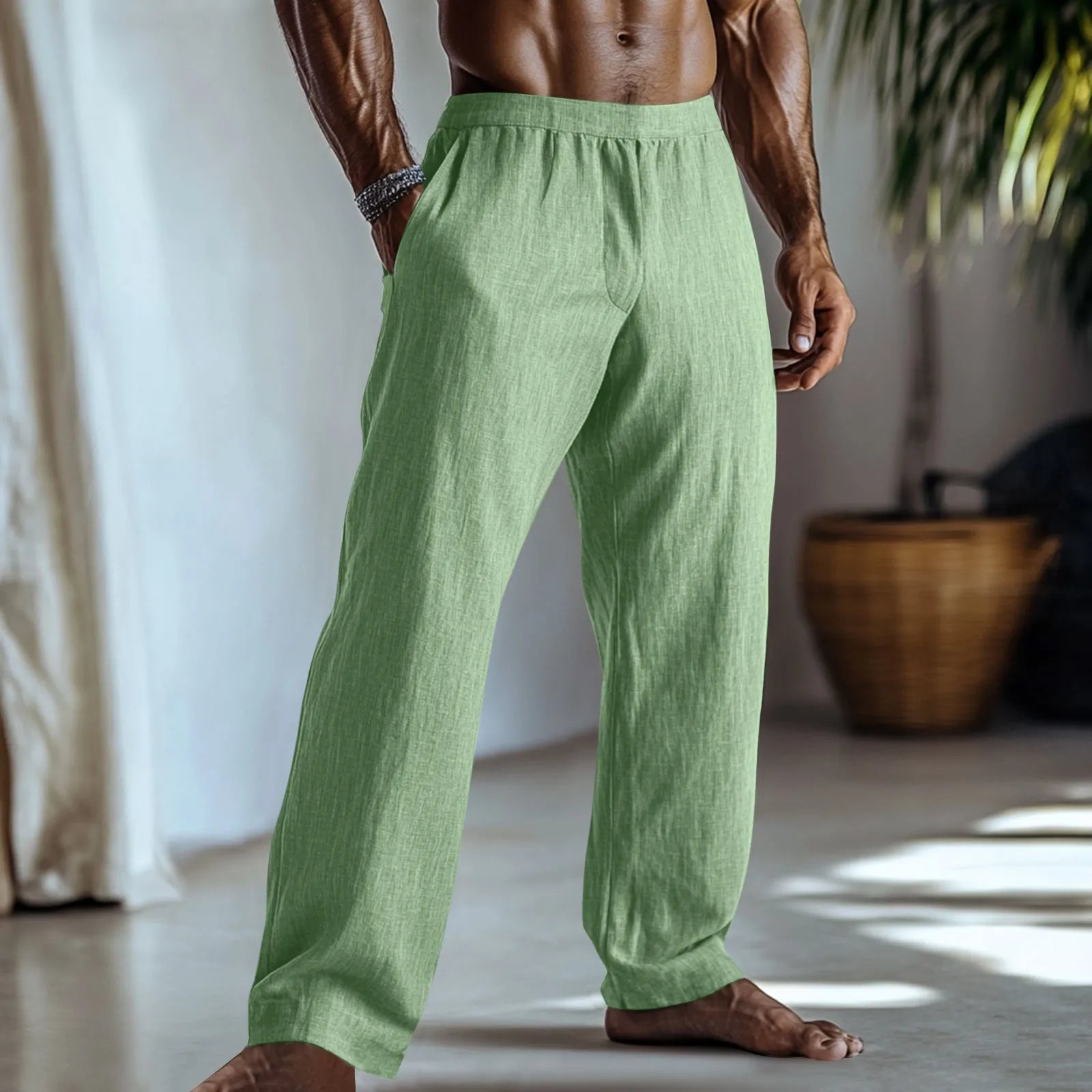 Cotton and linen straight leg casual trousers in British style with pocket details