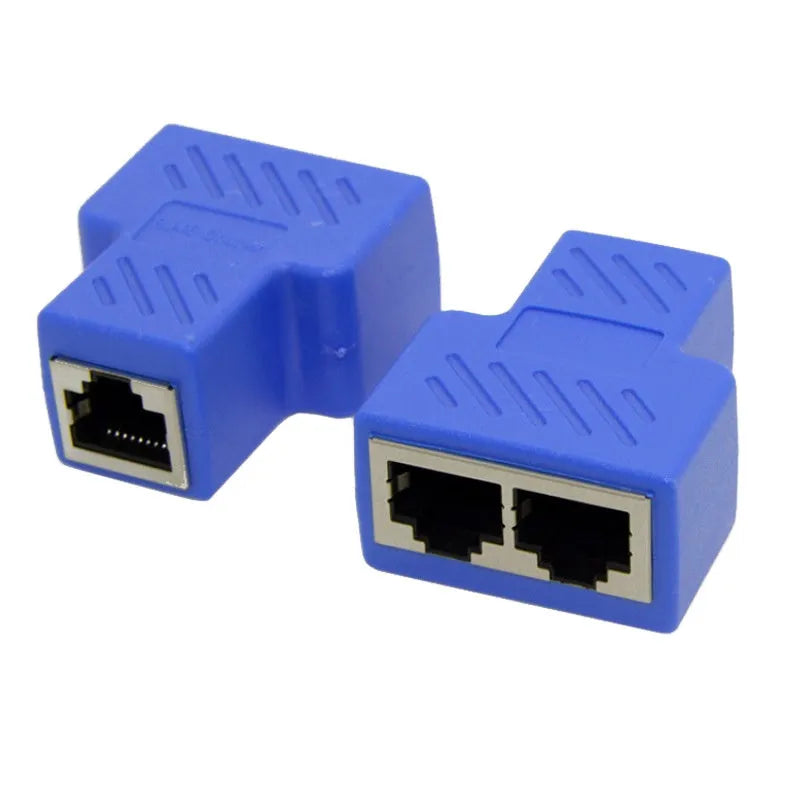 RJ45 network cable splitter adapter in multiple colours dividing one Ethernet connection into two outputs