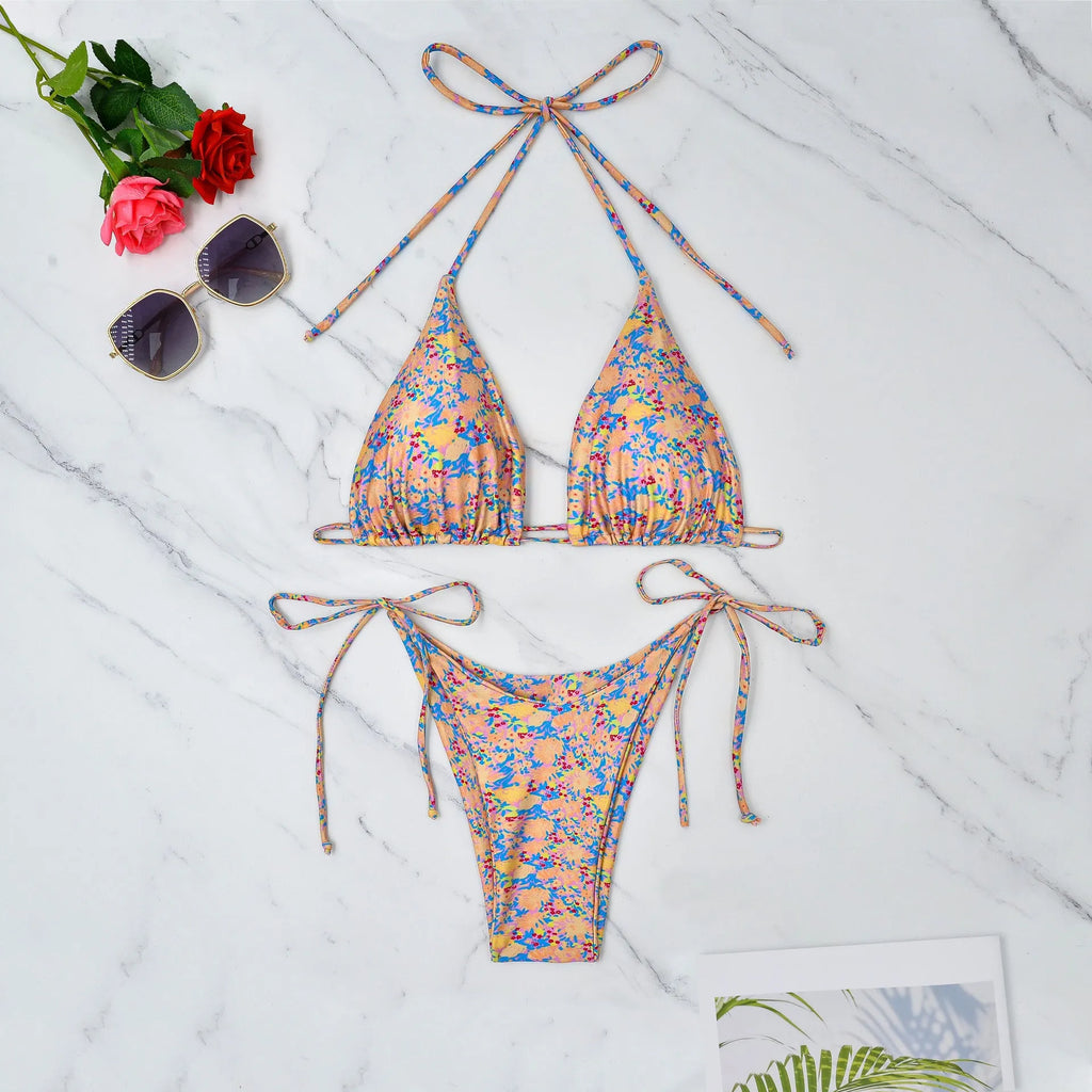 Women's lace-up bikini swimsuit with backless European styling and brief pants