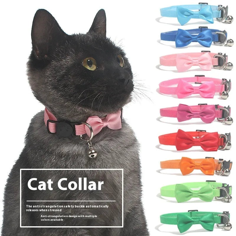 Colourful nylon pet bow collar with bell attachment and adjustable strap for cats