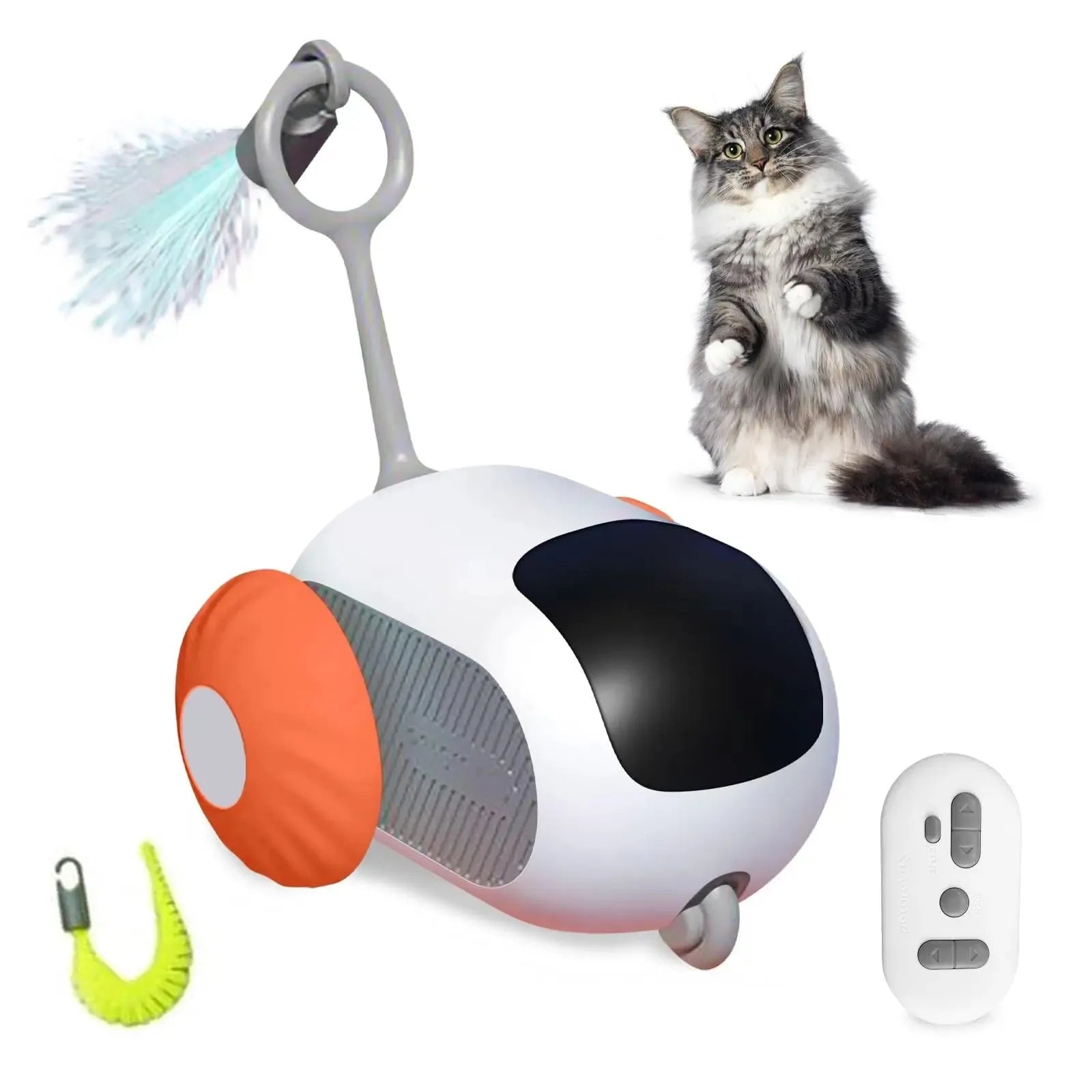 Blue and orange smart remote control cat toy car with feather teaser attachment on a home floor.