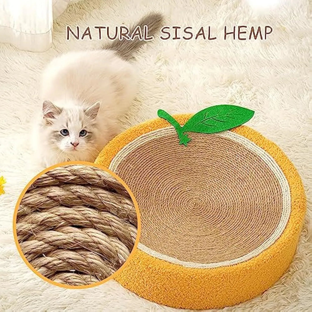 Round yellow sisal cat scratching board and bed with fruit design