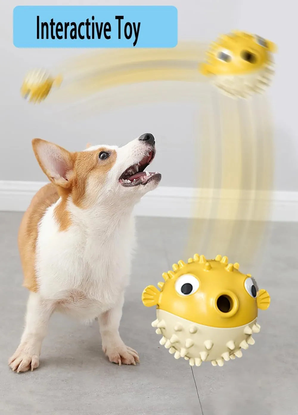 Green fish-shaped interactive dog toy with treat dispensing opening and textured surface for dental cleaning