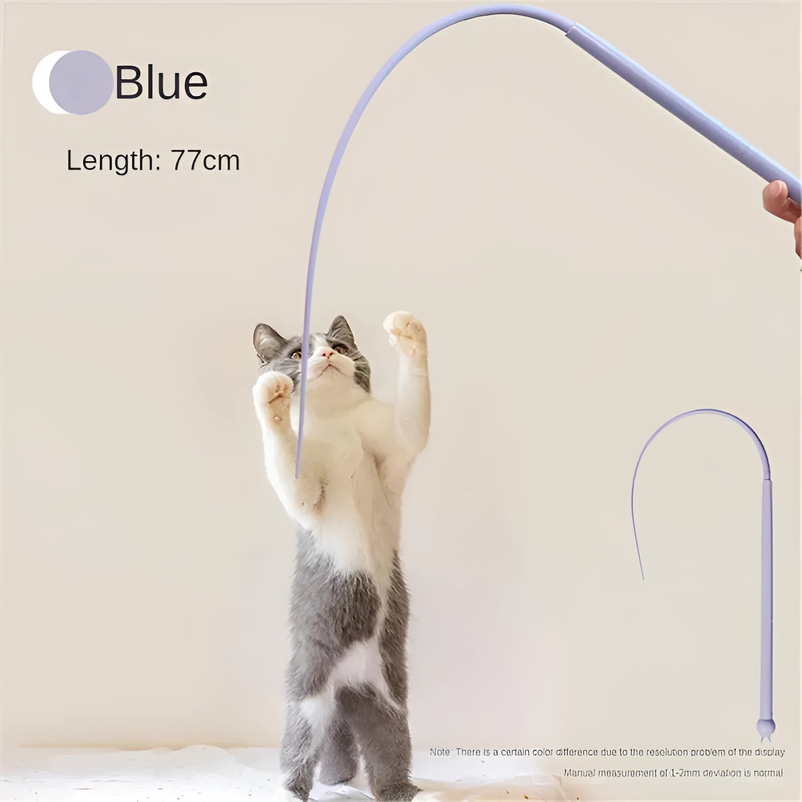 Simulated mouse tail cat toy with blue silicone tail and cat head design for interactive play