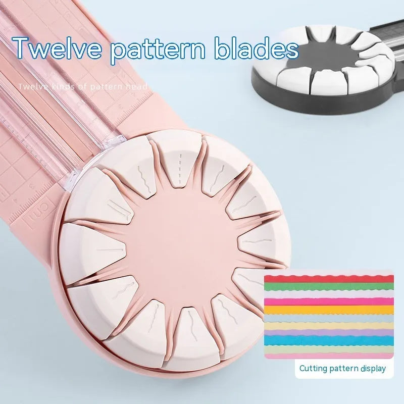Pink plastic paper cutting machine with dotted pattern design and 12 interchangeable blades