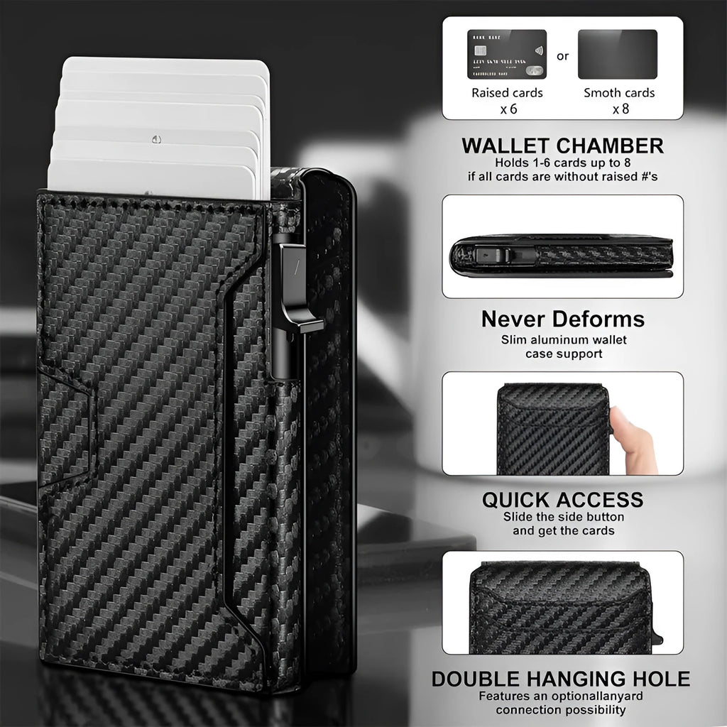 Men's flip wallet card holder in carbon fibre colour with sewing thread details and card clamp
