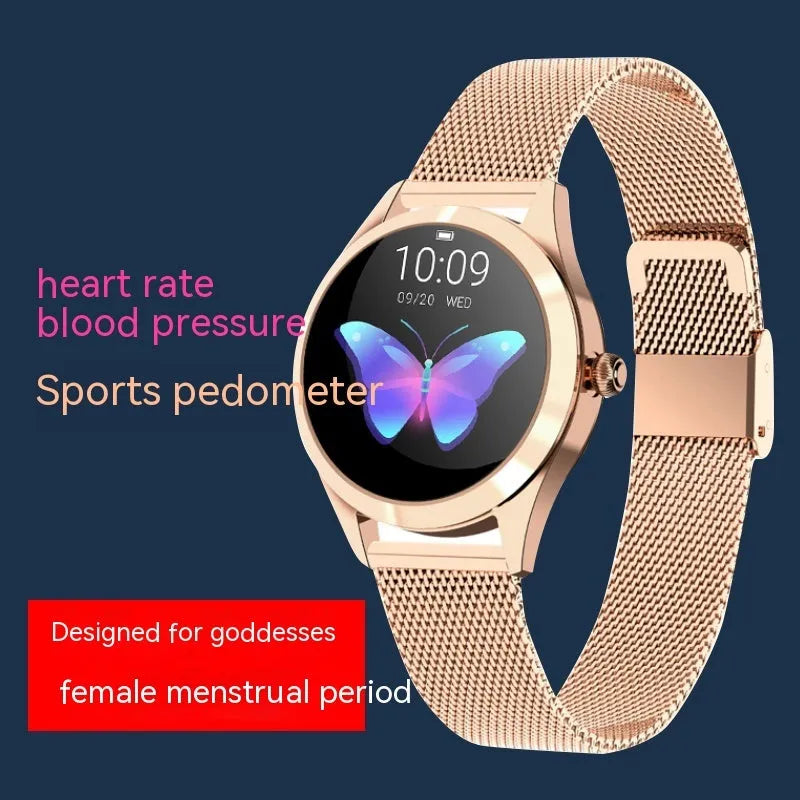 Women's sports smartwatch showing heart rate monitoring and waterproof features in black, silver, rose gold, and white colours