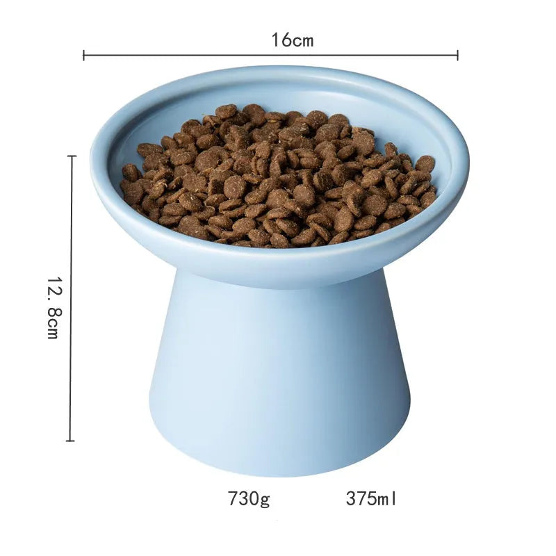 Ceramic elevated cat food bowl in blue with wide 16cm diameter and 12cm height