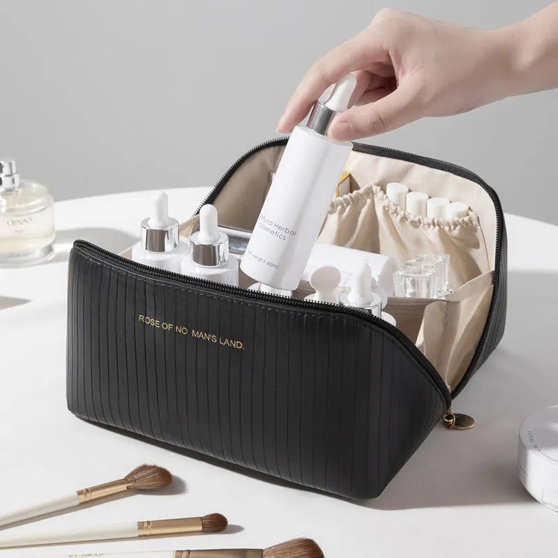 Vertical pattern PU makeup bag showing cubic 22.5cm shape in available colour options