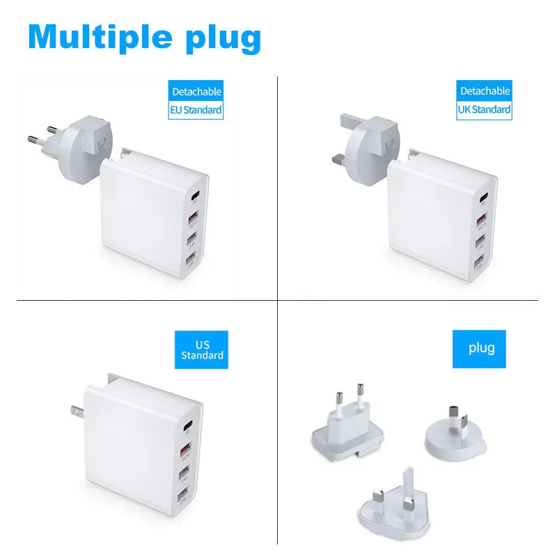 White multi-port USB fast wall charger with PD and QC support showing several device cables plugged in.