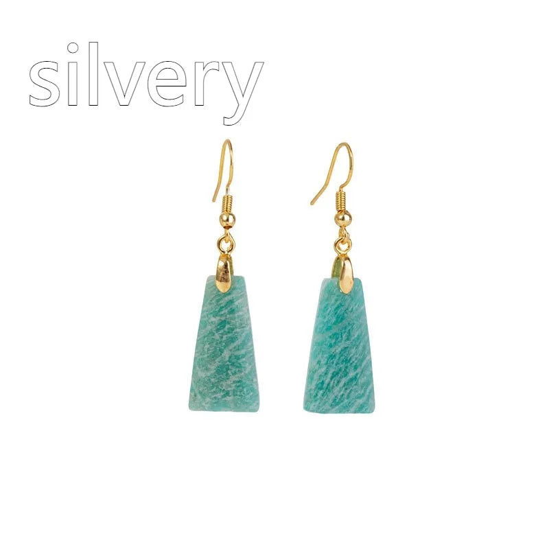 Amazonite rough stone trapezoid earrings in geometric design with gold and silver colour options