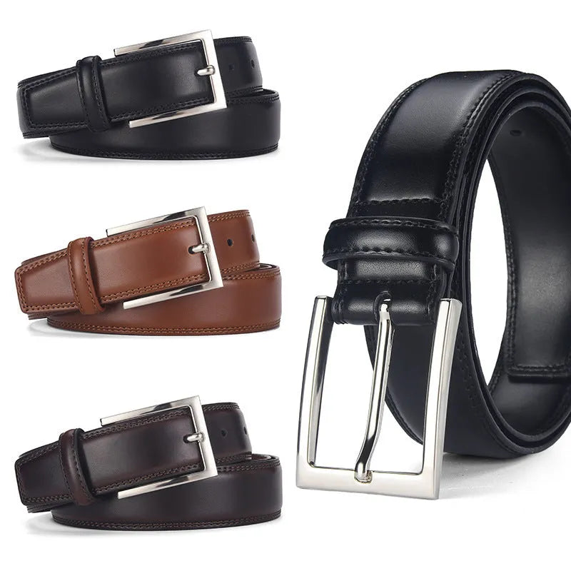 Men's black genuine leather belt with a silver alloy pin buckle shown on a flat surface