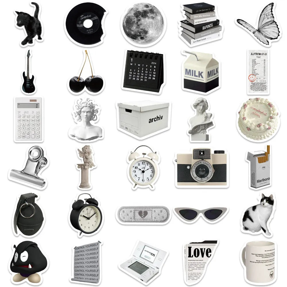 61-piece black and white PVC waterproof sticker pack for laptops, phones, luggage, and sports equipment decoration