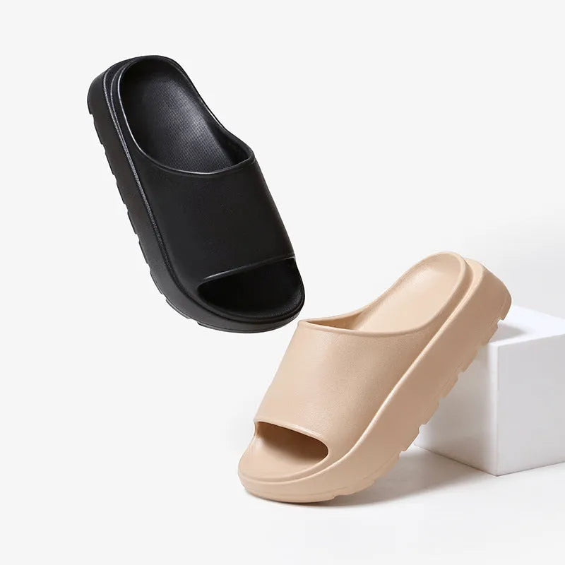 Women's thick soled beach slippers with fish mouth design in beige, black, khaki or rose red colours