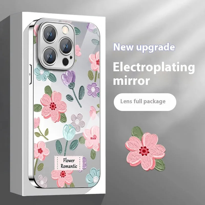 Silver grey electroplated mirror phone case with oil painting flower print on a glass back
