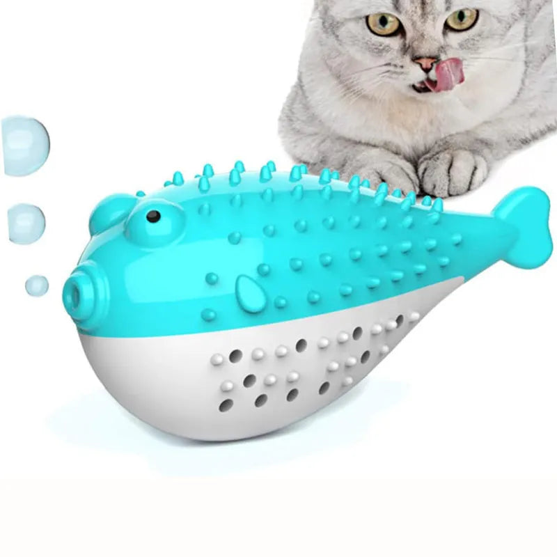Blue silicone fish-shaped chew toy for cats on a white background.