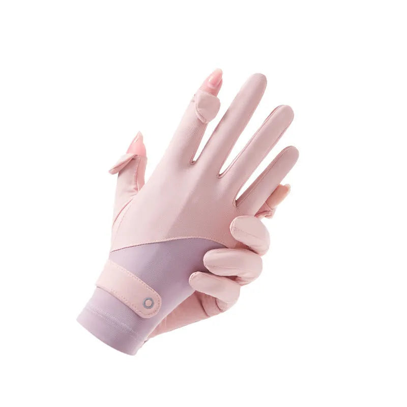 Women's thin fingerless sun protection gloves in ice silk fabric with UPF50+ rating