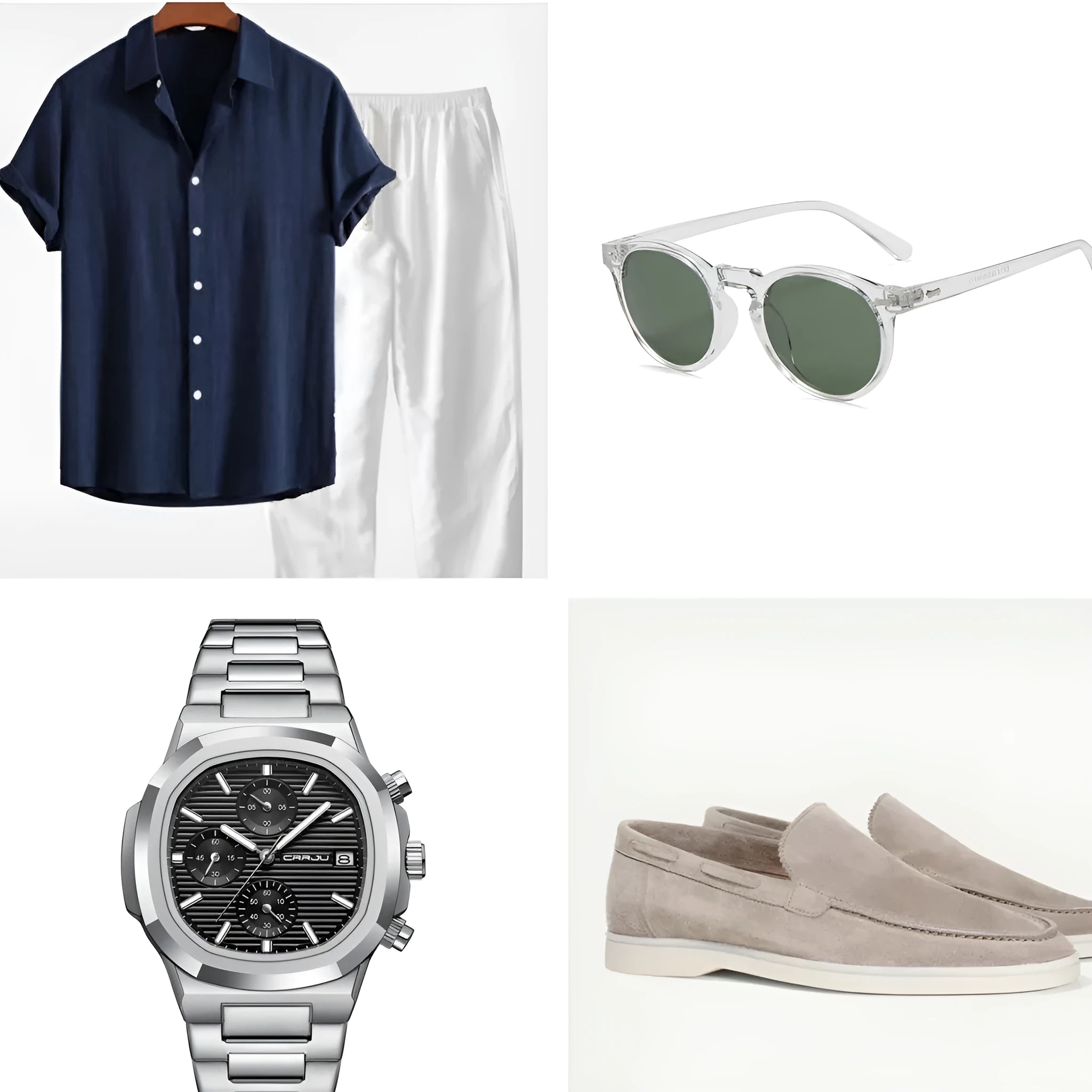 Cotton linen short sleeve casual suit set in navy blue with matching accessories for summer beachwear