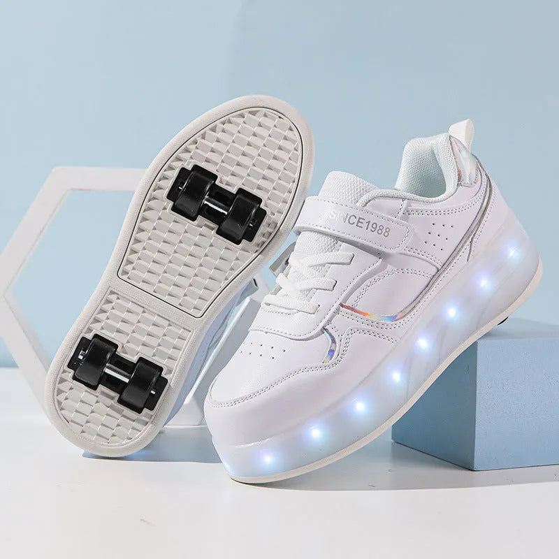 Children's charging flash rollerskates with LED lights in pink colour