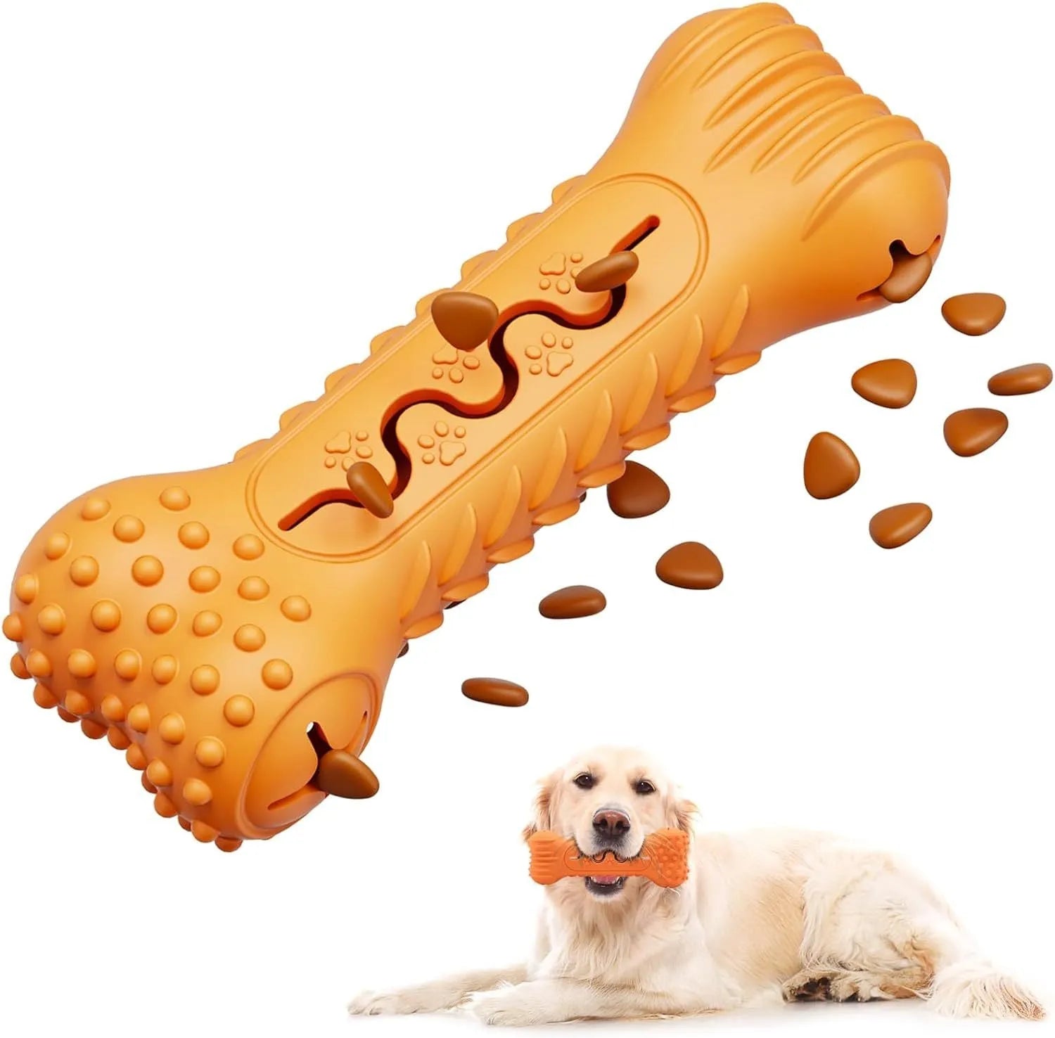 Blue natural rubber bone-shaped dog chew toy with textured surface and puzzle holes.