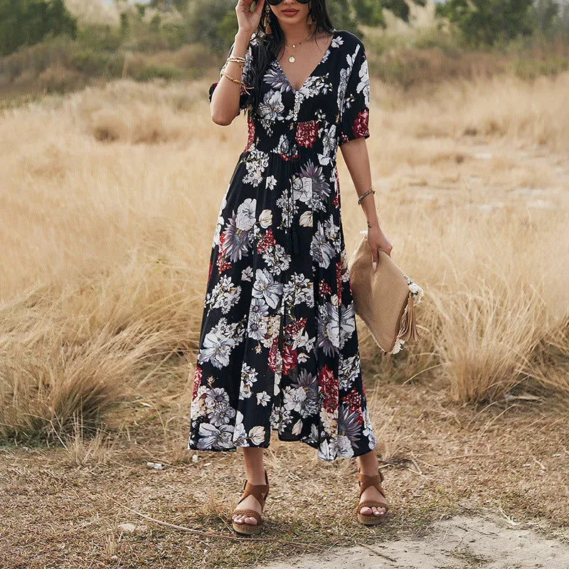 Women's floral print V-neck beach dress with elastic high waist in summer colours