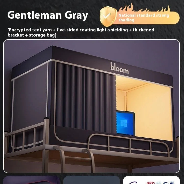 Grey blackout bed curtains with integrated mosquito net for 0.9m single bed with three-door access