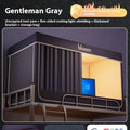 Grey blackout bed curtains with integrated mosquito net for 0.9m single bed with three-door access