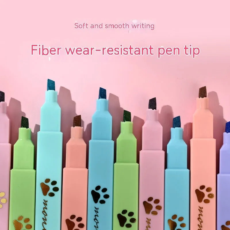 Cat's Paw fluorescent highlighting pen set showing six different coloured pens with oblique nibs.