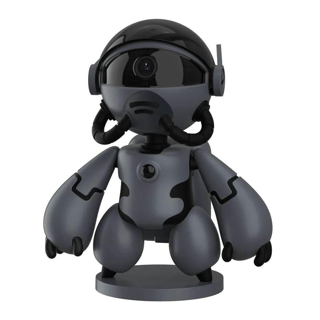 White or black Space Robot home monitoring camera with a wide-angle lens on a detachable base.