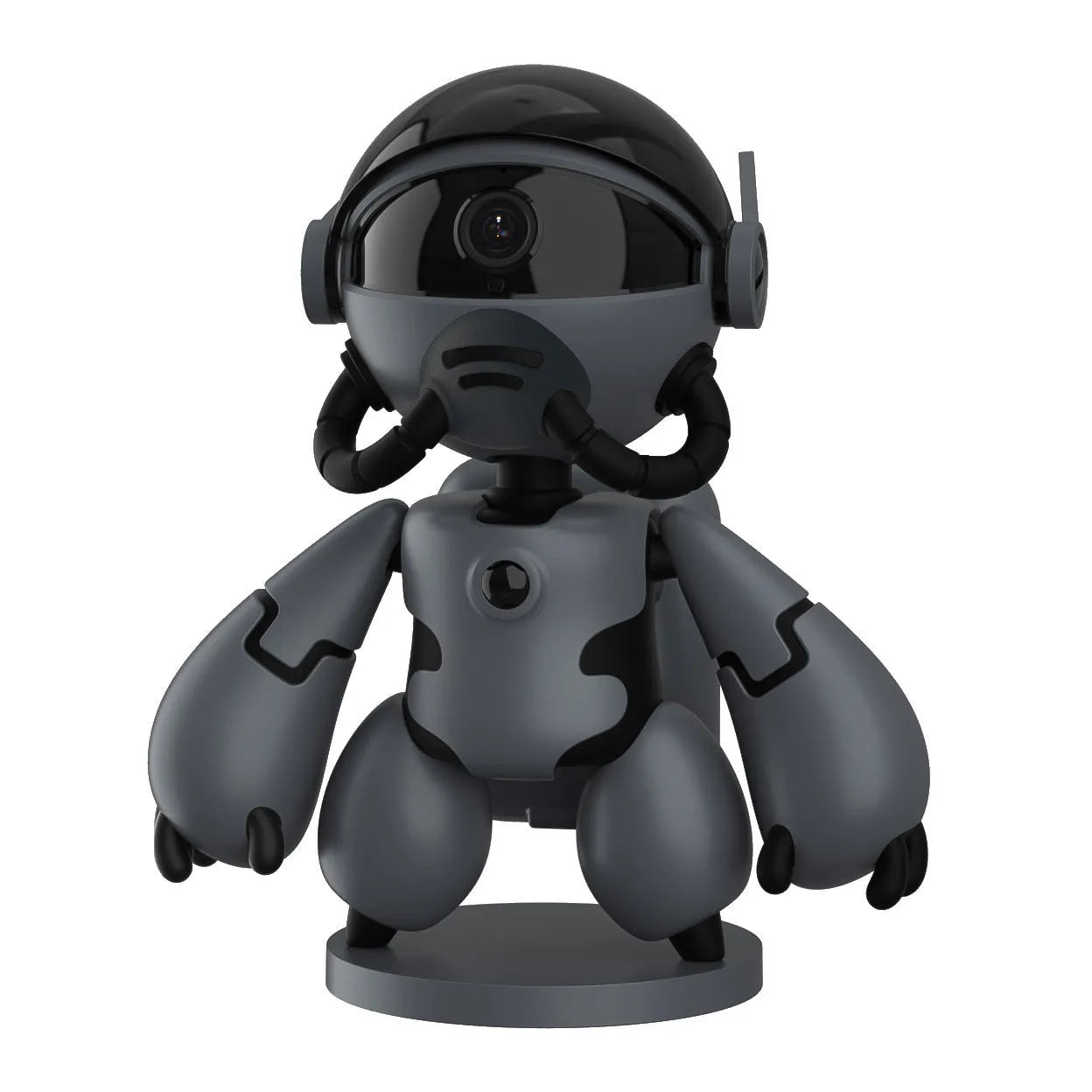 White or black Space Robot home monitoring camera with a wide-angle lens on a detachable base.