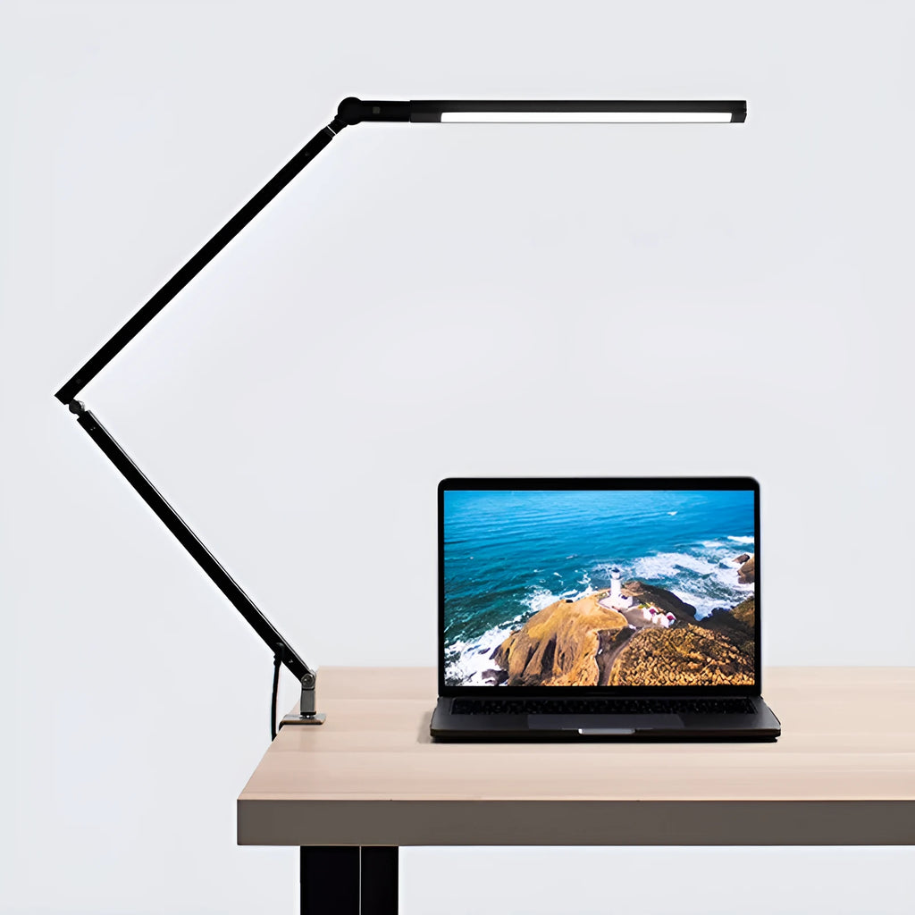 Aluminium clip-on desk lamp with remote control showing white, warm, and mixed LED light settings.