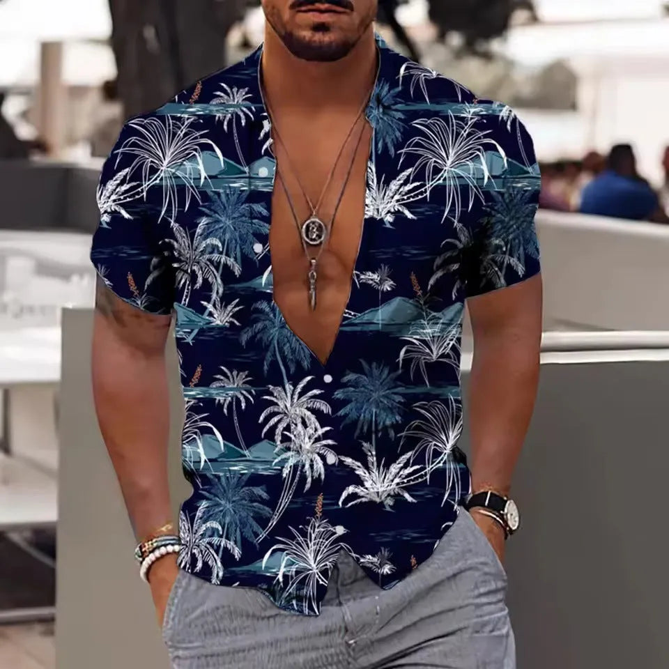 Men's floral printed beach shirt in loose cardigan style with short sleeves