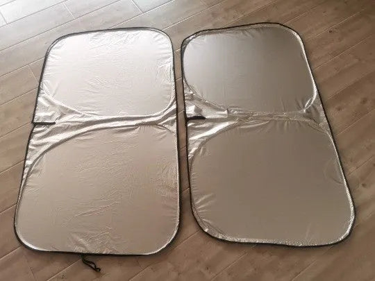 Aluminium foil car sunshade in titanium silver colour showing rectangular shape and solid pattern