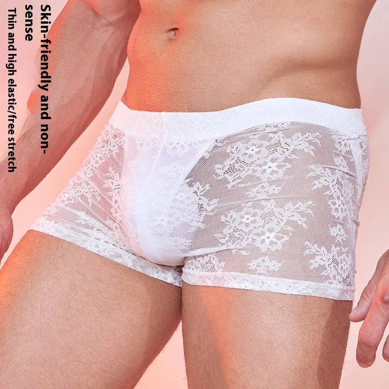 Men's lace boxers in nylon fabric showing black, white, and red colour options